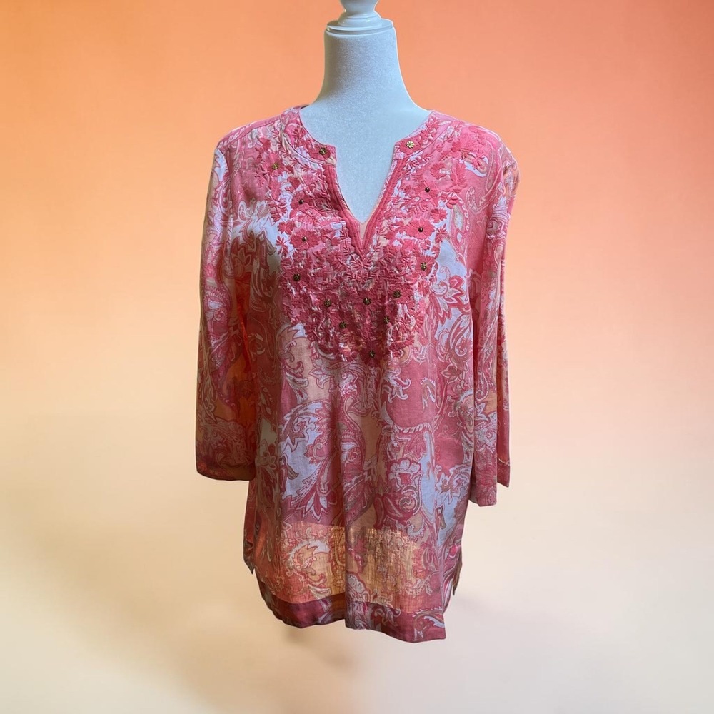 Paisley Tunic Blouse 100% Linen Coral Pink V-Neck Shimmer Beaded Boho Coastal
